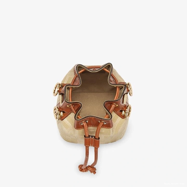 Affordable Fendi Straw Bag Mini FF Beige with Straw Mon Motif Tresor Bucket In Handle 0811
